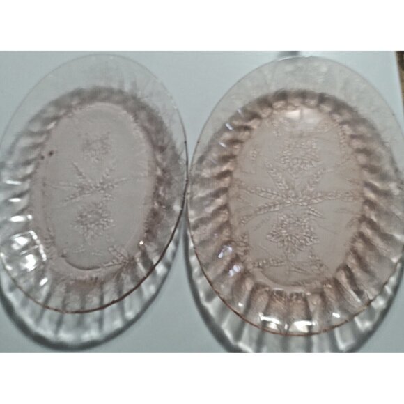 Vintage Jeannette Floral Poinsettia Pink Depression Glass Oval Platters set of 2 - Picture 4 of 11